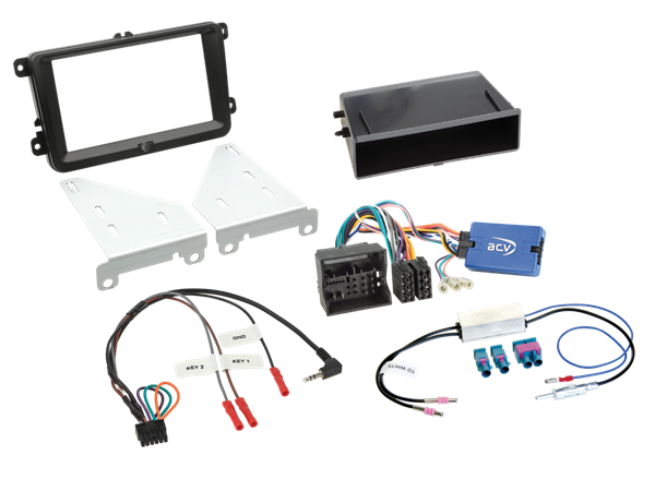 KOMPLET 1 / 2 DIN KIT SEAT/SKODA/VW 2003 > MED 2 FAKRA ANTENNER. SORT MED MIKROFONHUL